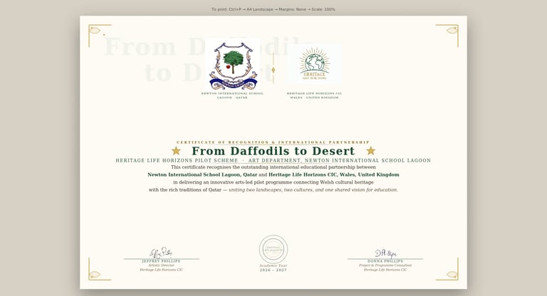 Formal certificate titled From Daffodils to Desert with school logos, decorative borders, and signature lines at bottom