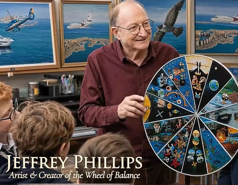 Jeffrey Phillips, artist and creator, holding his colorful Wheel of Balance artwork in his studio with maritime imagery in background