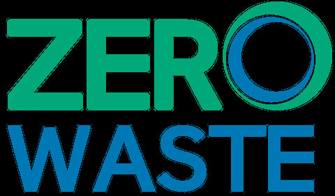 Zero Waste logo with green and blue letters and a circular design element
