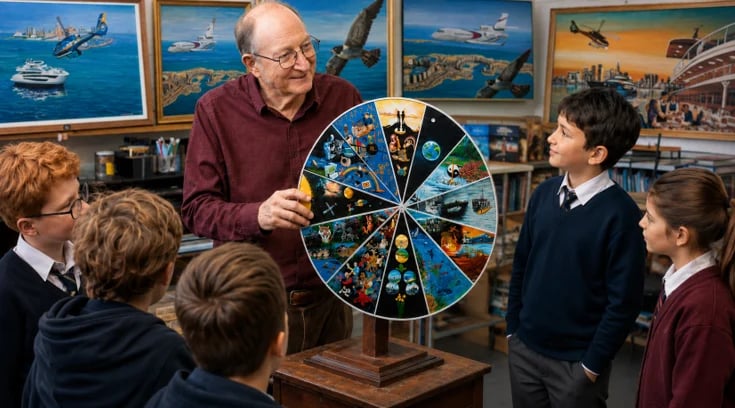 An older man with glasses shows a colorful wheel diagram to four children in school uniforms in front of maritime-themed artwork