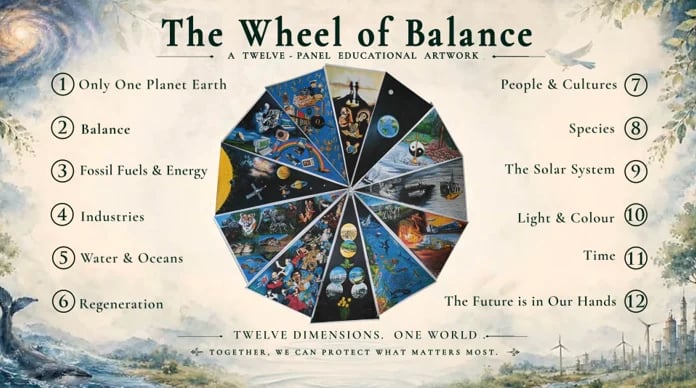 The Wheel of Balance showing 12 dimensions for a sustainable world, including planet Earth, balance, energy, industries, oceans, and regeneration