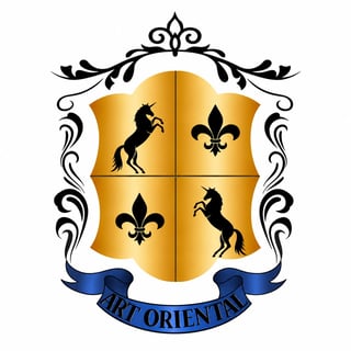 Ornate heraldic coat of arms with gold shield divided into four quarters, featuring rearing horses and fleur-de-lis symbols, with Art Orientak banner below